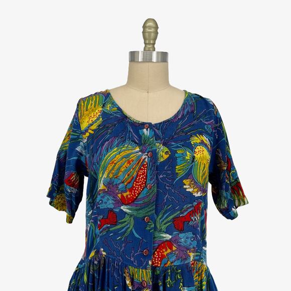 Vtg 70s Adini Tropical Fish Print Gauze Midi Button-Up Dress size Medium - Picture 5 of 13